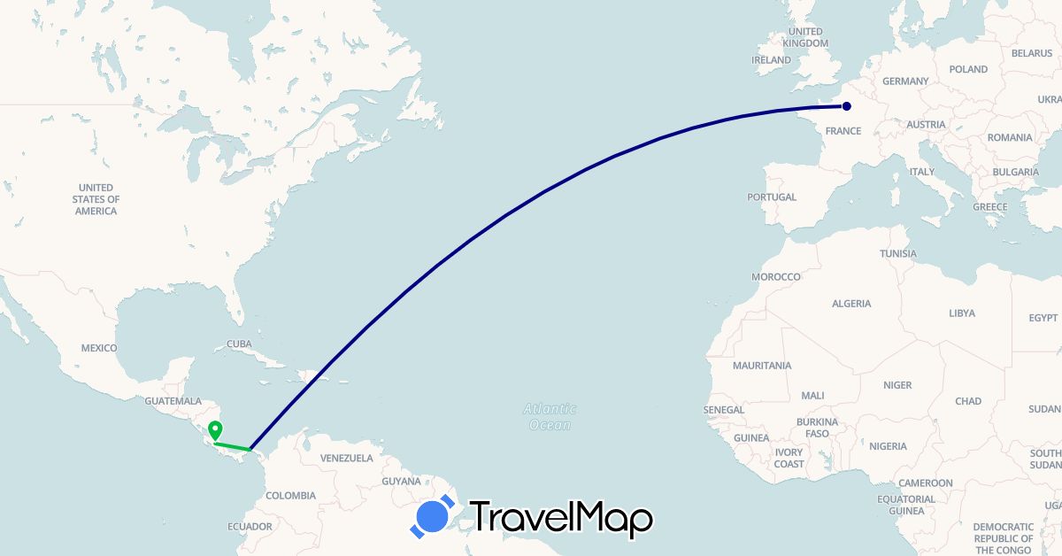 TravelMap itinerary: driving, bus in Costa Rica, France, Panama (Europe, North America)