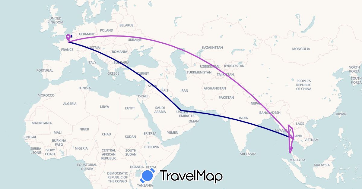 TravelMap itinerary: driving, train in France, Qatar, Thailand (Asia, Europe)